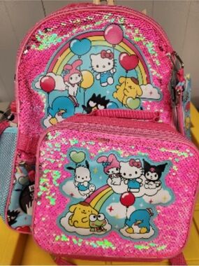 Hello Kitty Pink Sequin Kids Backpack with Rainbow Balloon Characters